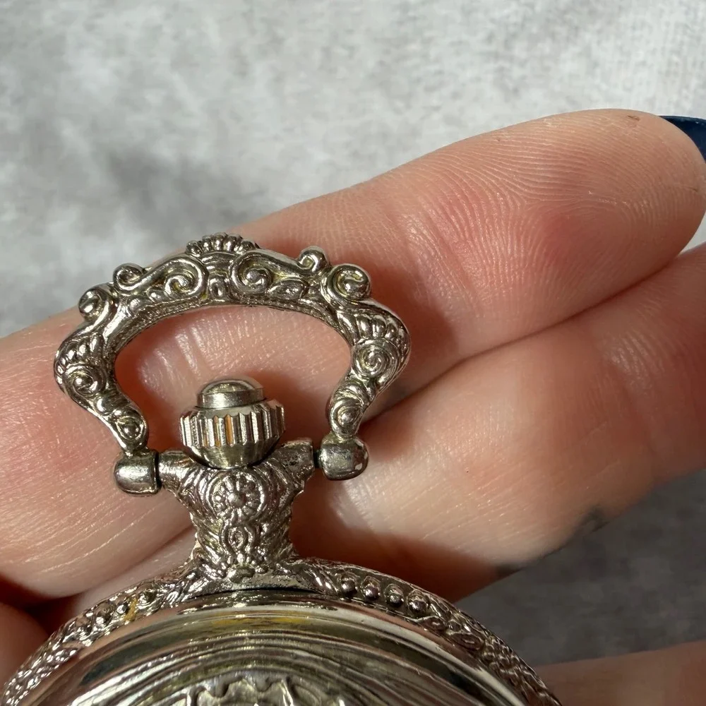 Vtg Pocket Watch Quartz Silver Tone Hunter Case Ornate Floral Japan Movt WORKING